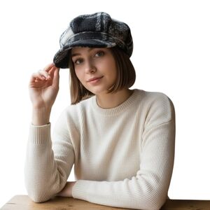Le Chateau Cabbie Newsboy Cap Hat Black White Plaid Fuzzy Furry Lined Preppy